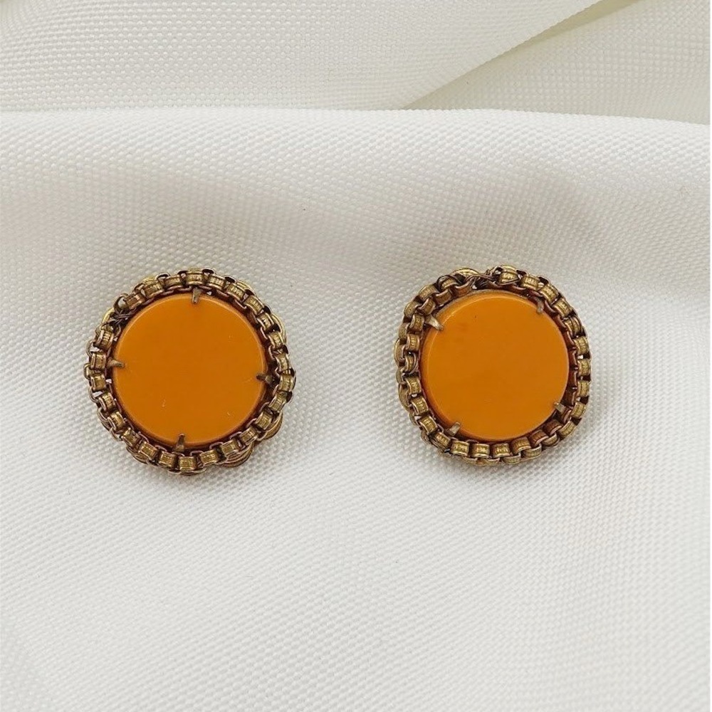 Vintage Miriam Haskell Clip On Earrings Butterscotch Orange Cabochon Filigree